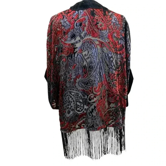 Chicos Travelers Velvet Fringe Burnout Kimono Style Jacket Size S/M Fringe Open - Picture 3 of 8